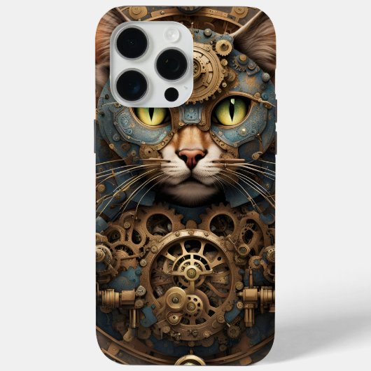 bleu steampunk cat AI art iPhone 15 Pro Max Coque (Verso)