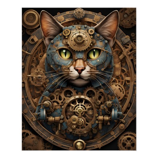 bleu steampunk chat AI affiche d'art (Devant)