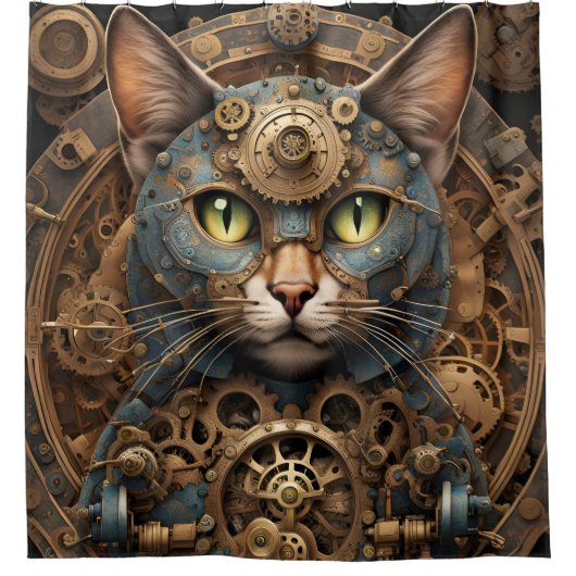 bleu steampunk chat AI art douche rideau (Devant)