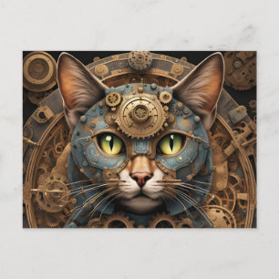 bleu steampunk chatte IA art carte postale