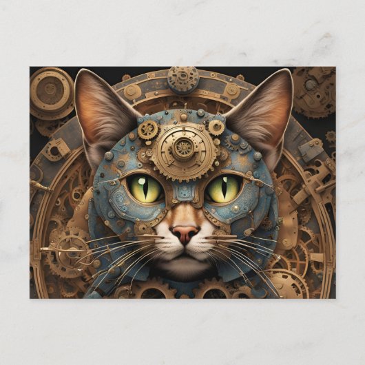 bleu steampunk chatte IA art carte postale (Devant)