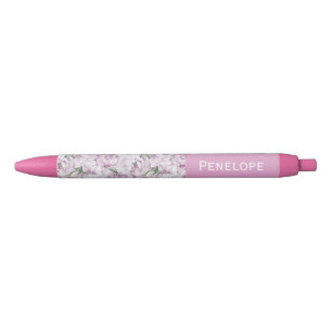 Bleu Stylo personnalisé avec nom et pivoines roses