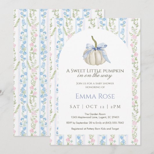 Bleu Sweet Petit Baby shower Citrouille Invitation (Devant / Derrière)