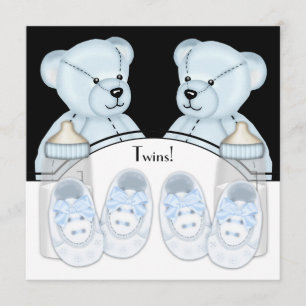 Bleu Teddy Bear Twin Boys Baby Shower Invitations
