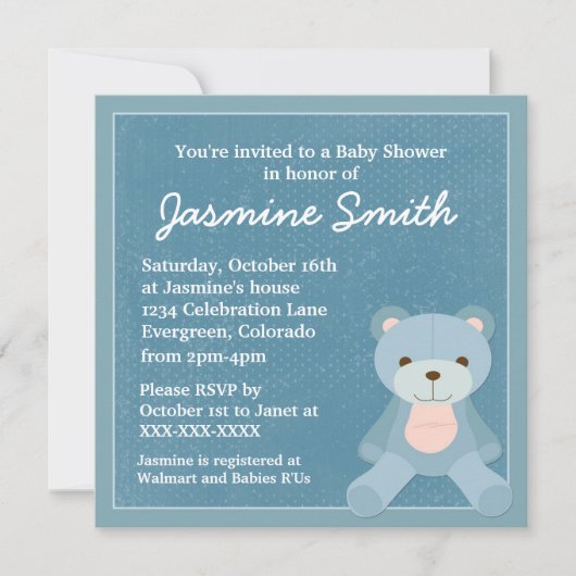 Bleu thème teddy ours bébé invitation douche (Devant)