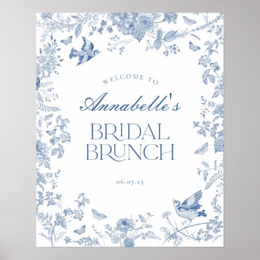 Bleu Toile Jouy Floral Bridal Brunch Affiche de bi (Devant)