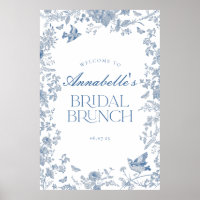 Bleu Toile Jouy Floral Bridal Brunch Affiche de bi