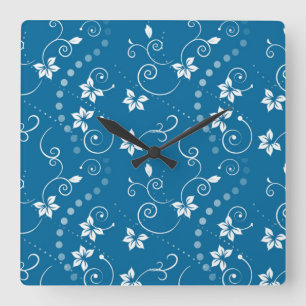 Bleu Tourbillonnant Fleurs Carré Horloge murale