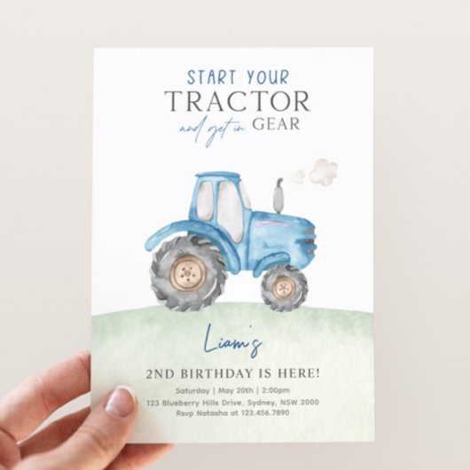 Bleu Tracteur Anniversaire Fête Invitation