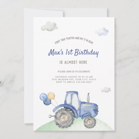 Bleu Tracteur Invitation Anniversaire (Devant)