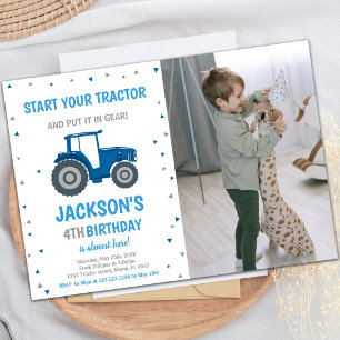 Bleu Tracteur Invitations Anniversaire avec photo