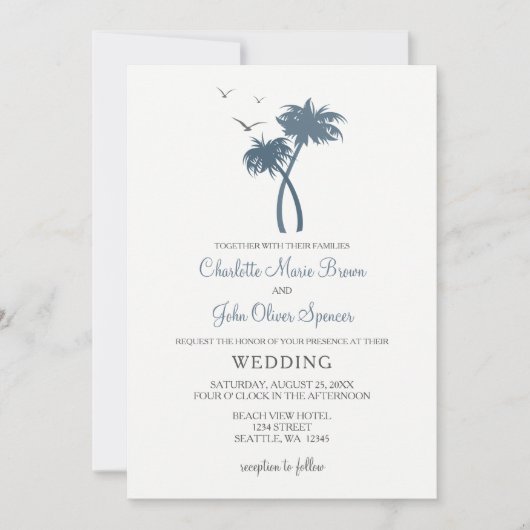 Bleu Tropical Palm Tree Mariage Invitations (Devant)