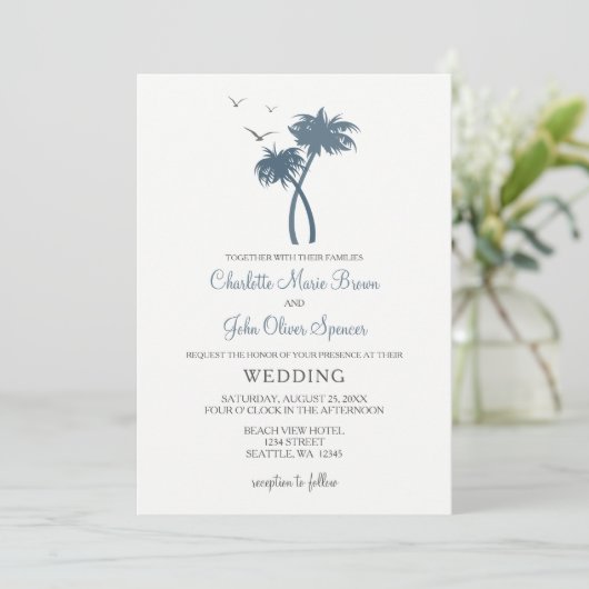 Bleu Tropical Palm Tree Mariage Invitations (Debout devant)