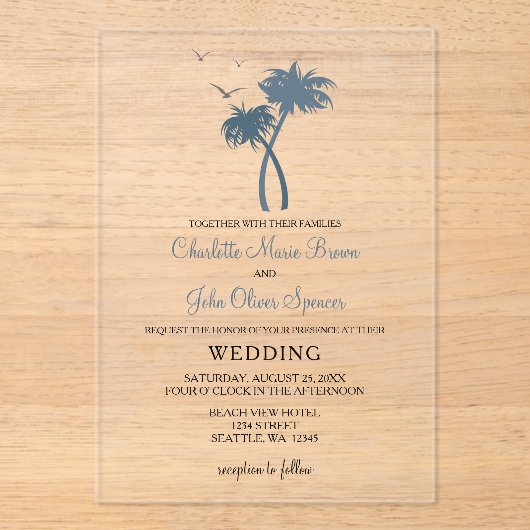 Bleu Tropical Palm Tree Mariage Invitations (Recto)