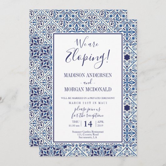 Bleu tuiles Elopement accueil invitation (Devant / Derrière)