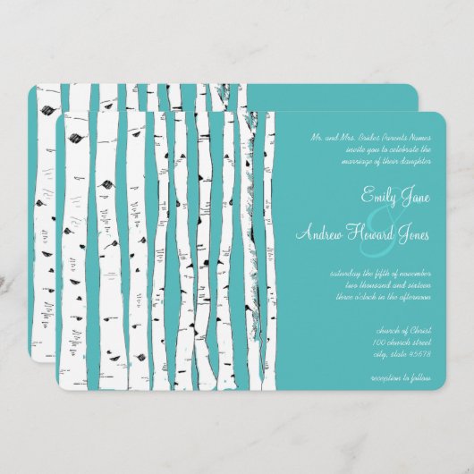 Bleu Turquoise Birch Tree Invitations de mariage (Devant / Derrière)