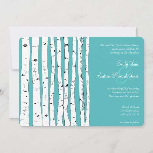 Bleu Turquoise Birch Tree Invitations de mariage (Devant)