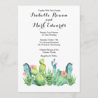 Bleu Vert aquarelle Faire-part de mariage Cactus