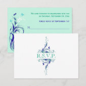 Bleu, Vert, Blanc, Carte de réponse florale Aqua (Devant / Derrière)