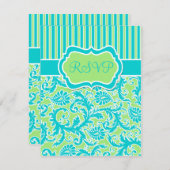 Bleu Vert blanc rayé Damas Carte de réponse (Devant / Derrière)