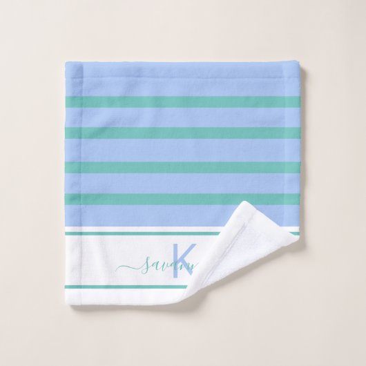 Bleu vert blanc rayures monogramme (Gant de toilette)
