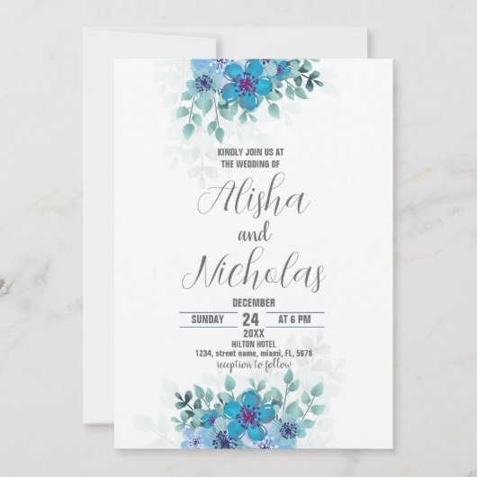 Bleu Vert Fleur Mariage Invitations (Devant)