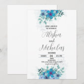 Bleu Vert Fleur Mariage Invitations (Devant / Derrière)