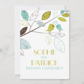 Bleu & Vert Lovebirds & Faire-part de mariage Feui (Devant)