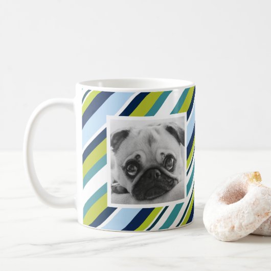 Bleu Vert Motif Bande photo personnalisée Mug (Avec donut)