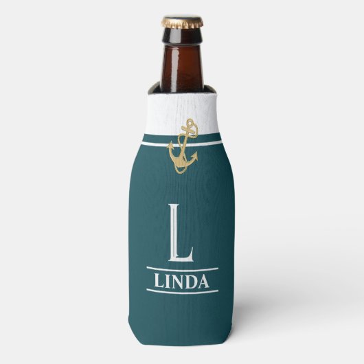 Bleu Vert Nautique Monogramme Glacière bouteille (Bottle Devant)