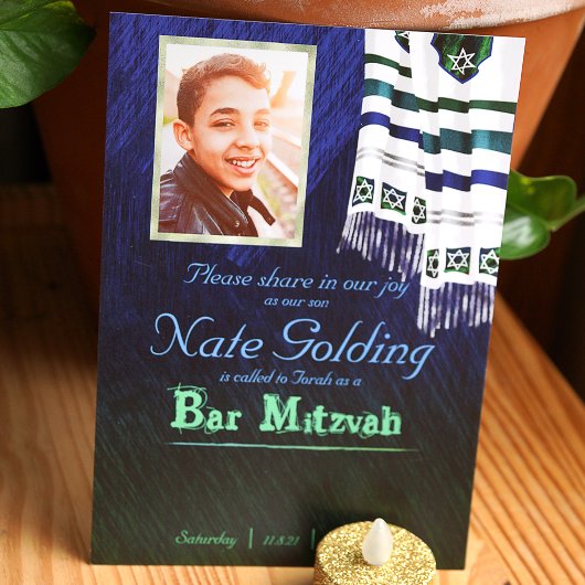 Bleu & Vert Tallit Bar Mitzvah Invitation
