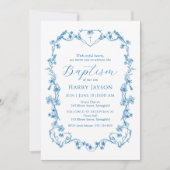 Bleu Vintage Bleu Floral Frame Baptême Invitation (Devant)
