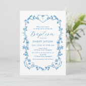 Bleu Vintage Bleu Floral Frame Baptême Invitation (Debout devant)
