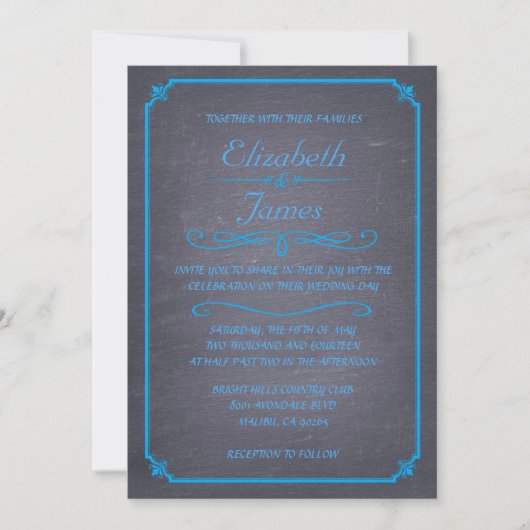 Bleu Vintage Chalkboard Invitations de mariage (Devant)