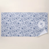 Bleu Vintage motif floral Monogram Plage serviette (Devant)