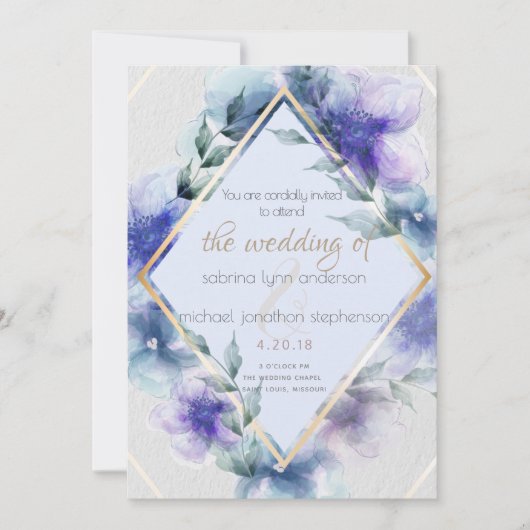 Bleu violet floral Invitation (Devant)