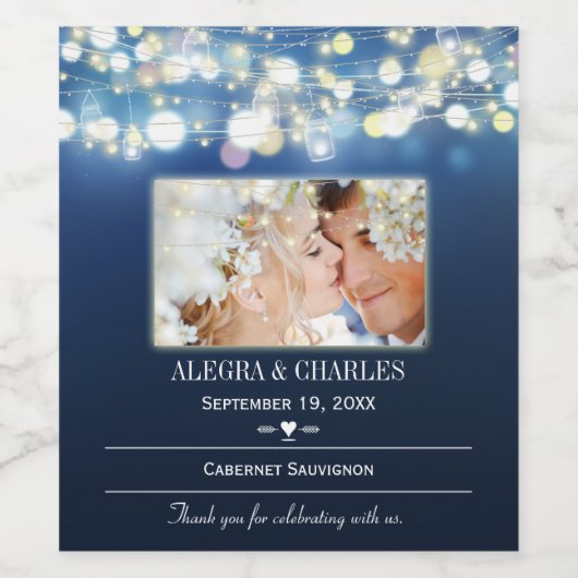 Bleu Votre Date Photo Noms Mariage Vin Étiquette (Étiquettes simples)