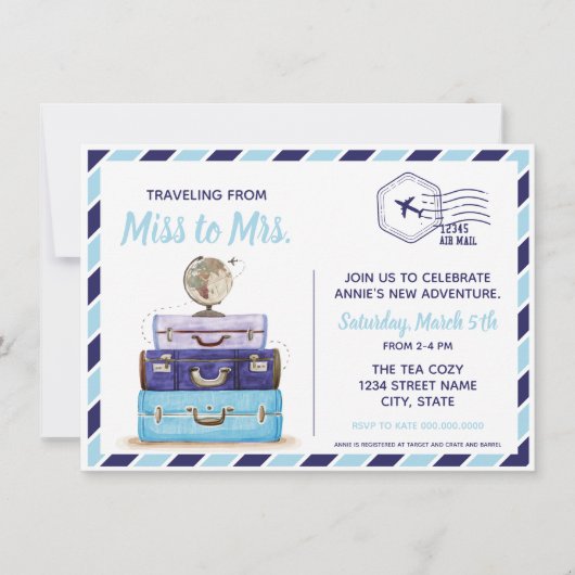 Bleu voyage thème de la douche nuptiale invitation (Devant)