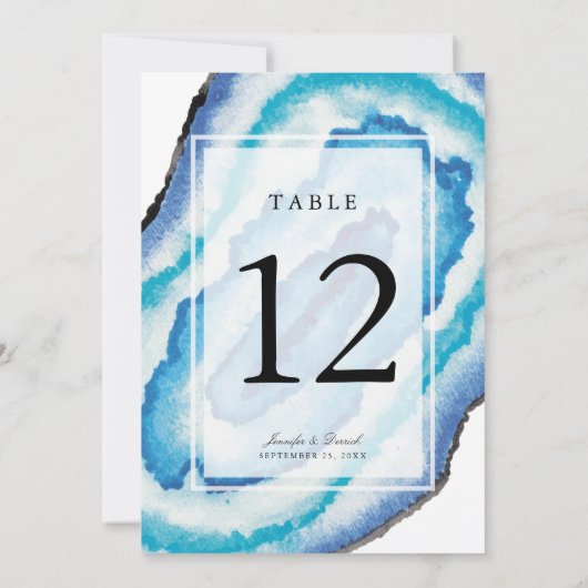Bleu Watercolor Geodes Mariage Numéro de table (Dos)