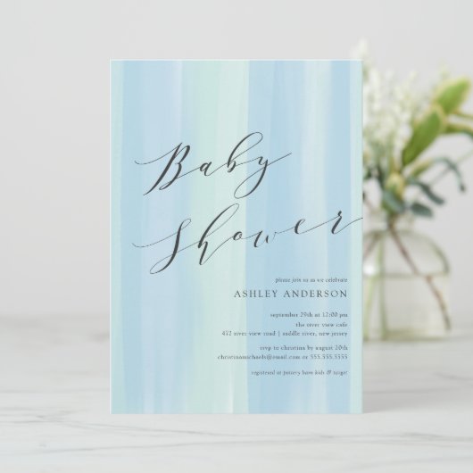 Bleu Watercolor Stripes Baby shower Invitation (Debout devant)