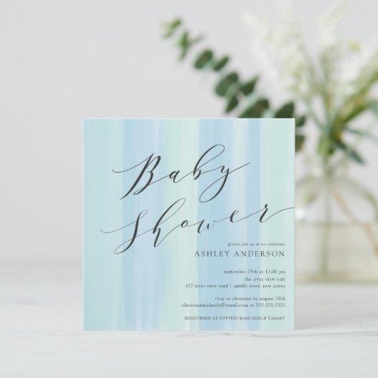 Bleu Watercolor Stripes Baby shower Invitation (Debout devant)