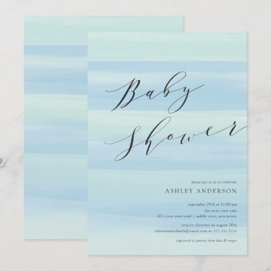 Bleu Watercolor Stripes Baby shower Invitation (Devant / Derrière)