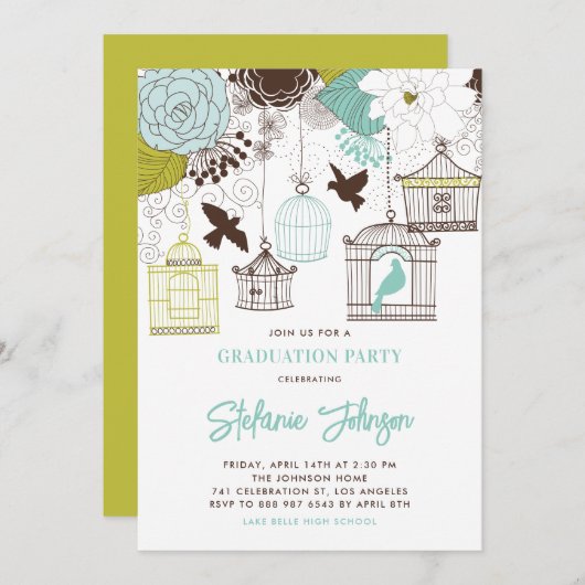 Bleu Whimsical Birdcages Graduation Invitation (Devant / Derrière)