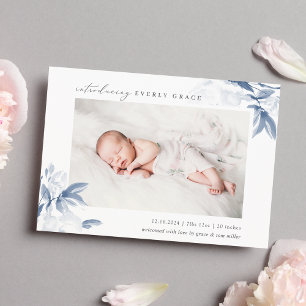 Bleu Whisper Floral Photo Faire-part de naissance