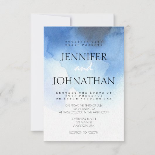 Bleue aquarelle plage mariage invitations (Devant)