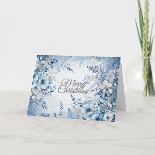 Bleue Bleu Aquarelle Florale Joyeuse Carte de Noël (Devant)
