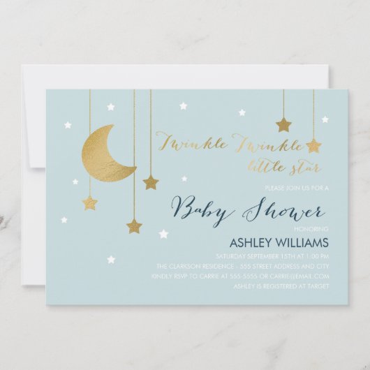 Bleue Lune et étoiles Baby shower Invitation (Devant)