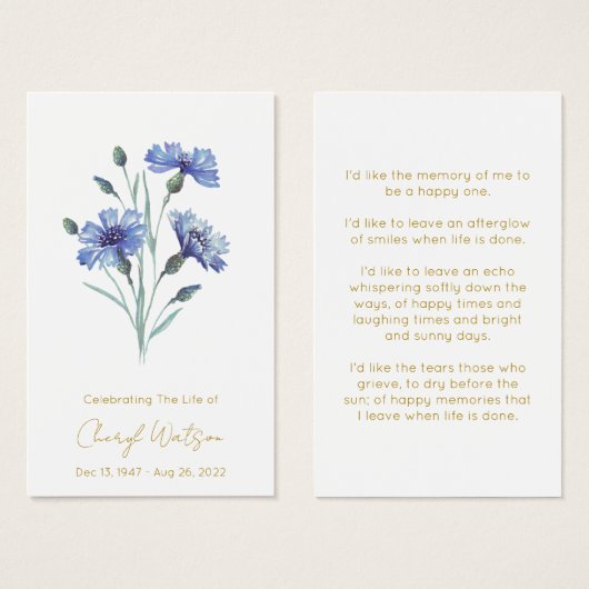 Bleuet | Carte de prière mémorielle simple (Devant & derrière)