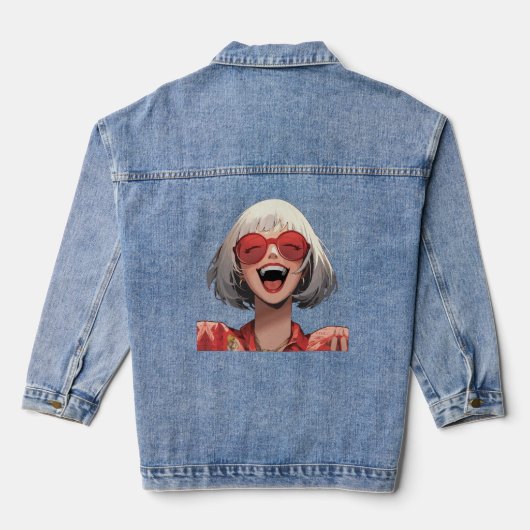 Blij Anime Meisje: Grijs Haar, Rode Bril, Rode Rob Denim Jacket (Achterkant)