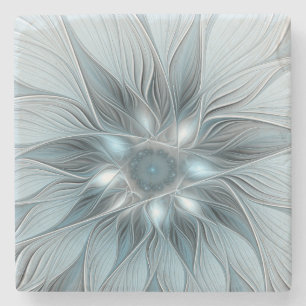 Blij Bloem Abstract Blauw Grijs Bloemig Fractal Stenen Onderzetter